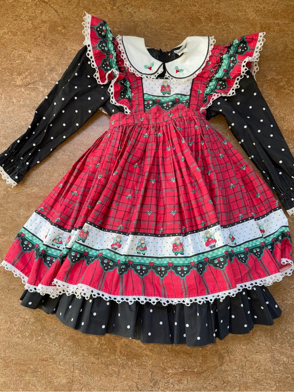 VTG Daisy Kingdom Factory Made Red Plaid Christmas Holiday Dress Bunny Holly Sz6